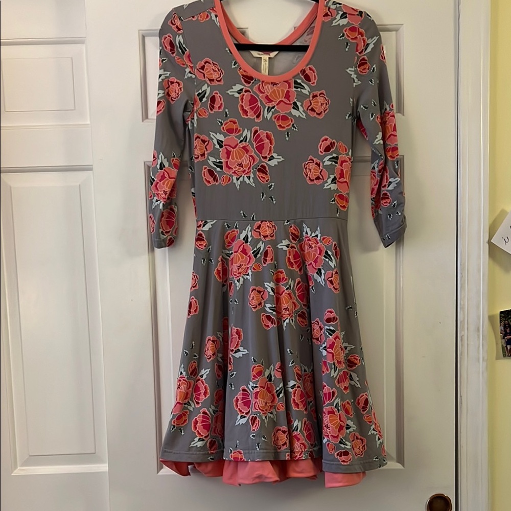 Matilda Jane Gray and Pink Peplum Dress V-Neck 3/4 Sleeve